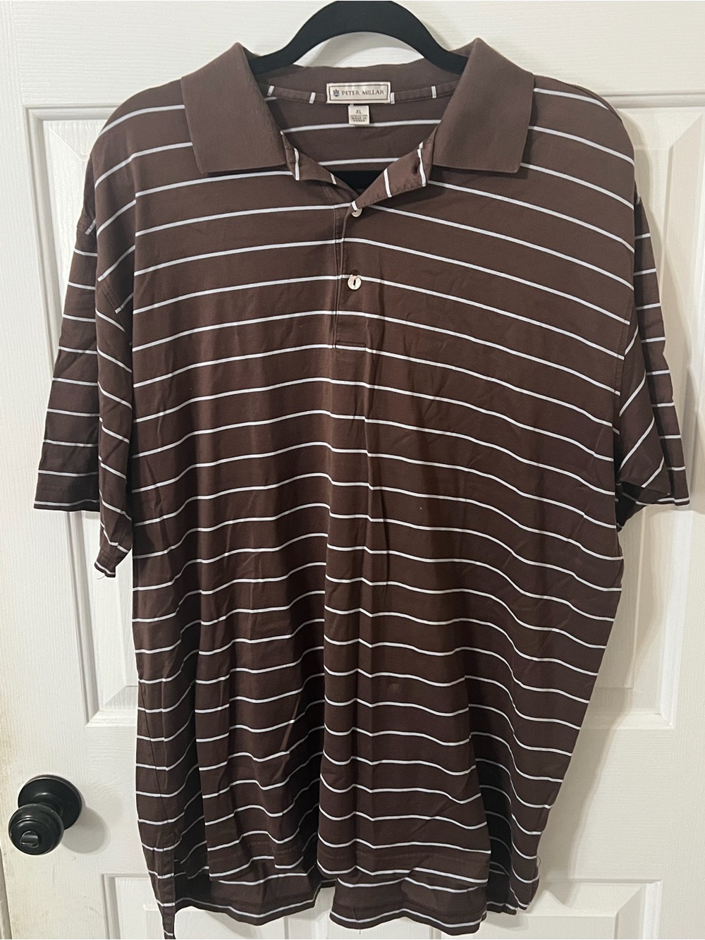 Mens Peter Millar Brown Blue Striped Polo Shirt XL Casual Preppy Classic Cotton